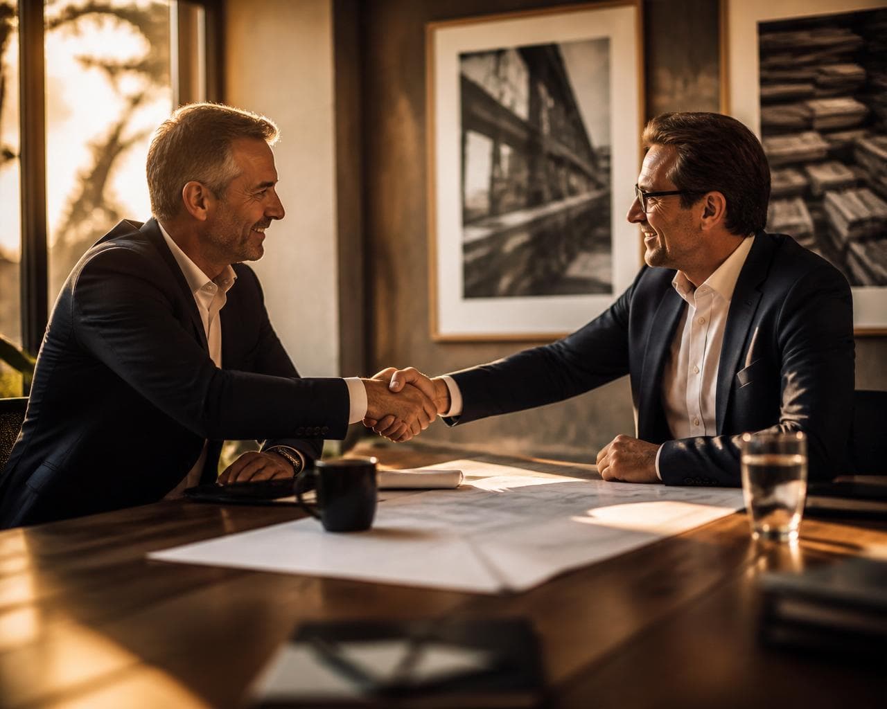 Two established business owners shaking hands across a wooden conference table in a warmly lit boardroom