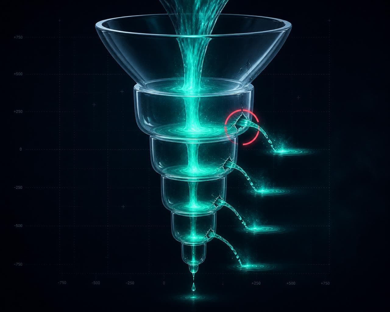 Translucent glass funnel with mint liquid leaking sideways through cracks at four stages — the visual metaphor for pipeline conversion leaks